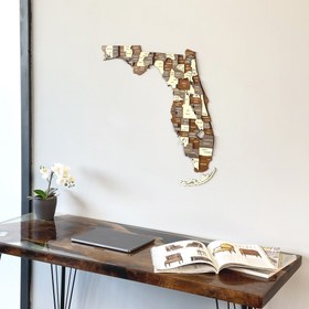 Resim 3D Ahşap Florida Haritası, Muhteşem Ahşap Duvar Dekoru - 90x55 cm 