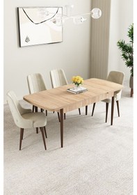Resim Clara Meşe Desen 80x132 Açılabilir Mdf Masa Yemek Odası Takımı,mutfak Takımı 4 Adet Sandalye Krem 