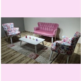 Resim Azra Mobilya Çay Seti Oturma Grubu Oturma Takımı Koltuk Takımı Ahşap Mobilya Takımı Balkon Bahçe Mobilyası Çiçekli-pembe 