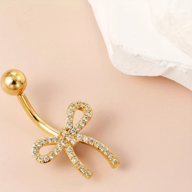 Resim 1 adet Elegant 18K Altın Kaplama Düğme Kemer, Sentetik Kübik Zirkonya Kaplama, Bakır Malzeme, Seksi Göbek Çubuğu, Günlük ve Tatil Giysisi için - Tüm Mevsimler Uygun 
