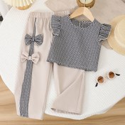 Resim Kızlar İçin Kısa Kollu Ekose Düğmeli Üst + Düz Paça Yırtmaçlı Fiyonklu Pantolon İki Parça Takım, Dış Mekan Kullanımı İçin Mükemmel 