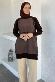 Resim Gülseli Yan Fermuar Detaylı Bisiklet Yaka Tesettür Tunik Kahve TZL-P-00020916 