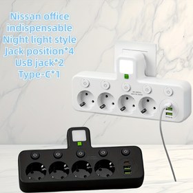Resim Avrupa Standardı Çok Fonksiyonlu Priz, 2 USB Şarj Portu ve 1 Type-C Portu, 4 Güç Çıkışı Uzatma Portu, Gece Lambası Dahil, Ev, Ofis, Yurt Vb. İçin Uygun. Çoklu Prizler, Güç Adaptörü, Fiş Adaptörü ile Birlikte 