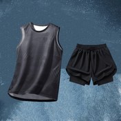 Resim 2 adet yelek + dar çift katmanlı yüzme şortu, sıkı spor fitness yeleği, utanç verici yüzme şort seti 