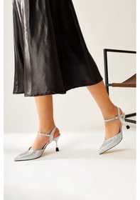 Resim Pary Gümüş Sivri Burunlu Dokulu Kısa Topuklu Sandalet 001 