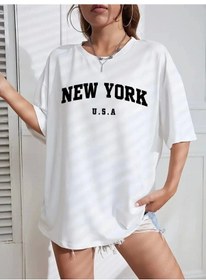 Resim New York Baskılı Oversize Bisiklet Yaka T-shirt - Beyaz Beyaz 