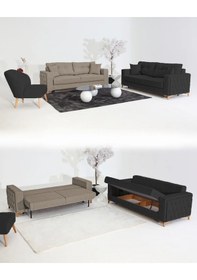 Resim Nola Koltuk Takımı 3+3+1+1 & Bazalı Yataklı Koltuk & Kanepe - Keten Antrasit-latte 