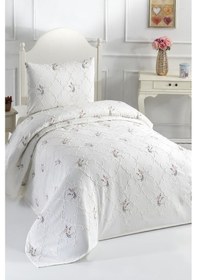 Resim Pinkrose Nakışlı Şönil 2 Parça Tek Kişilik Yatak Örtüsü Krem Krem 