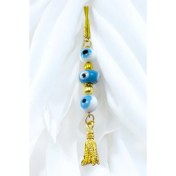 Resim Beyaz ve Mavi Cam Nazar Boncuklu Araba Dikiz Ayna Süsü, El Yapımı Yeni Araba Hediyesi 