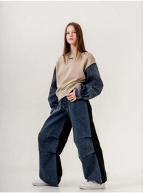 Resim Kız Çocuk Mevsimlik Denim Kol 3 İplik Sweatshirt-14774 Kahverengi 