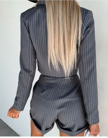 Resim Hgfashion Atlas Çizgi Desenli Kumaş Şort Ve Ceket İkili Takım Siyah Renk Siyah 