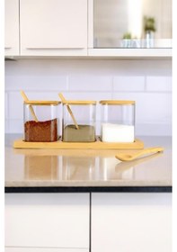 Resim Digithome 3 Lü Borosilikat İnce Cam Ve Ahşap Standlı Baharatlık Kavanoz Takımı Seti Kahverengi F/3 C1-1-289 