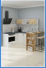 Resim Fly Mobilya 140+180+100 Safir Meşe & Beyaz L Hazır Mutfak Dolabı, Gökçe Modern Mutfak Dolabı 
