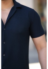 Resim Erkek Kısa Kollu Örme Kumaş Pamuklu Gömlek Petrol Mavi 