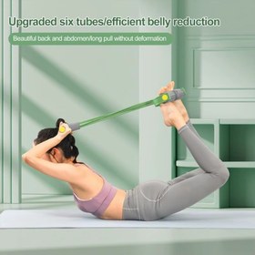 Resim Egzersizler için bir fitness direnci bandı, pedal çekici ve gerilim ipi içerir, çeşitli renklerde sunulur. 