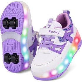 Resim Patenli Cırtlı Işıklı Spor Ayakkabısı 4 Tekerlekli Paten Işıkları On/off Tuşlu Mor 