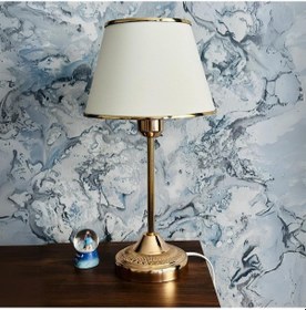 Resim Royal Gold Metal Ayaklı Abajur Krem Altın Şeritli Kumaş Başlık Yatak Odası Abajur Salon Masa Lambası Krem - Gold 