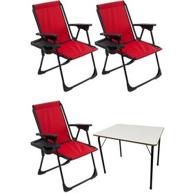 Resim Natura 3 Adet Kamp Sandalyesi Dikdörtgen Bardaklık + MDF Masa Kırmızı 