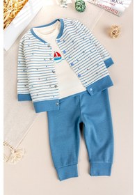 Resim Babymod Balık Desenli 3'lü 100% Pamuk Erkek Bebek Takım Set mavi 