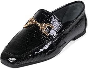 Resim Mio Gusto Jordane Hakiki Deri Siyah Renk Hayvan Desenli Küt Burunlu Kadın Loafer Ayakkabı 