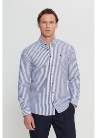 Resim Erkek Lacı Keten Slim Fit Dar Kesim Gizli Düğmeli Yaka Çizgili Gömlek Lacı 