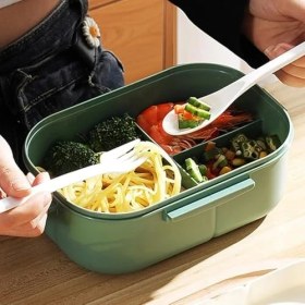 Resim 1200 ml 2 Katlı 6 Bölmeli Bpa'sız Pp Plastik Sefer Tası ve Beslenme Çantası - Hava Kilitli Bento Lunch Box, Çatal ve Kaşık Dahil (Yeşil) 