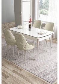 Resim Canisa Tia Serisi 80x132 Açılabilir Mdf Krom Detay Beyaz Masa Takımı Ve 4 Krem Sandalye Masa Beyaz Sandalye Krem 