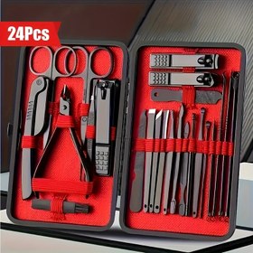 Resim 24 Parça Paslanmaz Çelik Tırnak Bakım Seti, Sıçramaya Karşı Dayanıklı, Ultra Keskin, Pas Dirençli, Tırnak Makası, Cımbız, Kaş Jilet, Ayak Törpüsü, Kulak Temizleme Ucu, Eğik Uçlu Tırnak Makası - Burun Kılı Düzeltme Aleti İçerir - Erkekler için Şık Doğum Günü Hediye Kutusu Paketi 