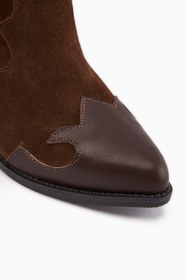 Resim Limoya Lara Hakiki Deri Kahve Süet Nakışlı Deri Detaylı Topuklu Western Çizme 