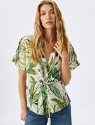 Resim Floral Desenli Beli Bağlama Detaylı Viskon Kısa Kollu Oversize Gömlek 