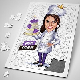 Resim Yaş Pasta Taşıyan Aşçı Kadın Karikatürlü Puzzle 