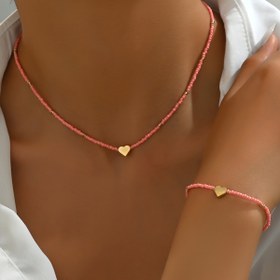 Resim Rastgele Sayıda Boncuk 1 Bilezik 1 Kolye Bohem Tarzı Basit Aşk Pirinç Boncuk Dokuma Takı Seti, Gençlere Hediye ve Günlük Kullanım İçin Uygun, Kış ve Yeni Yıl İçin Mükemmel 