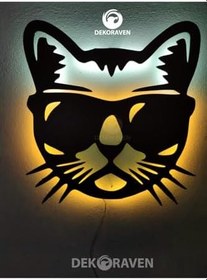 Resim Cool Kedi Led Işıklı Ahşap Tablo 51x51 cm, catnew1 