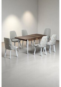 Resim Minel Açılabilen Metal Ayak Mdf Mutfak Masası Takımı 6 Krem Sandalye 80 X 132 Krem 
