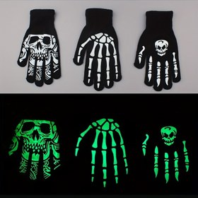 Resim Neon Parlayan Kafatası ve Kemik Desenli Çift Eldiven - %20 Spandeks/%80 Naylon Esnek Moda Halloween Kostümleri, Partiler ve Temalı Etkinlikler İçin 