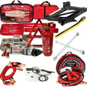 Resim Oto Türk Beşli Araç Seti Trafik Seti + Akü Takviye Kablosu + Kriko + Bijon Anahtarı + Metal Hava Kompresörü 