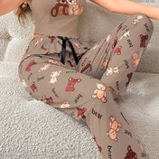 Resim Kadınlar için Sevimli Ayı Baskılı Kolsuz Pijama Takımı, Yay Detayı ile - Rahat Diz Boyu Ev Giyimi, Gri Ayı Tasarımı, Günlük Ev Kullanımı için Mükemmel 