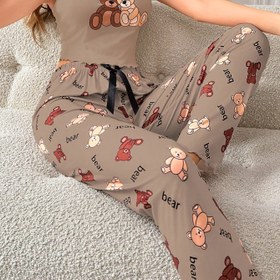 Resim Kadınlar için Sevimli Ayı Baskılı Kolsuz Pijama Takımı, Yay Detayı ile - Rahat Diz Boyu Ev Giyimi, Gri Ayı Tasarımı, Günlük Ev Kullanımı için Mükemmel 