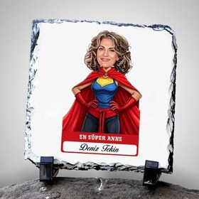 Resim Kişiye Özel En Süper Anne Karikatürlü Taş Baskı 