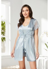 Resim Pierre Cardin Mist Saten Dantelli 3'lü Kadın Sabahlık-şort Takım 2480 Mist 