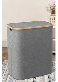 Resim Bambu Çerçeveli 150 Litre Kapaklı Katlanabilir Çamaşır Sepeti, 2 Bölmeli Kirli Sepeti 70 X 57 X 37 Gri 