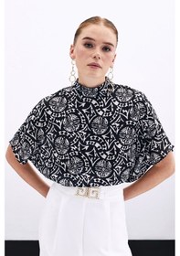 Resim Sateen Kısa Kol Desenli Bluz - Siyah-135898 Siyah 