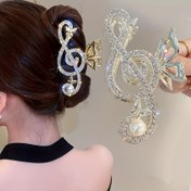 Resim Zarif Altın Tonlu Taşlı & Sahte İnci Saç Pençesi - Şık Müzik Notu Tasarımı, Çinko Alaşım, Günlük Tarz Aksesuar 