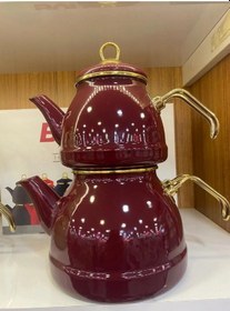 Resim Emaye Özel Tasarım Yapışmaz Yüzey Büyük Boy Demlik Seti Emaye Çaydanlık Üst 1.4 L Alt 2.6 L Bordo 