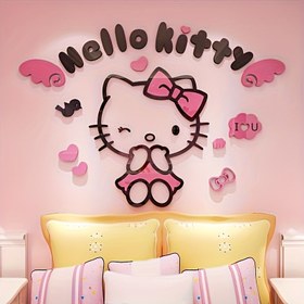 Resim Merhaba kedi 3D Akrilik Duvar Stickerı - Kalp Detaylı Glam Pembe Anime Temalı Sticker, Kız Odası veya Konut Dekoru için İdeal, Sevimli Oda Dekoru 