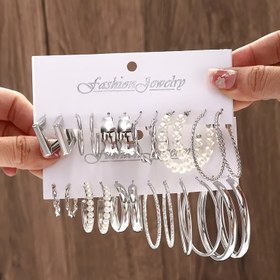Resim 12 Çift / Set Faux İnci Süslemeli Hoop Küpe Zarif Basit Tarz Çinko Alaşım Takı Trendy Kadın Hediyesi 