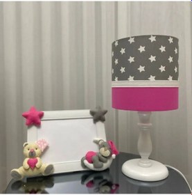 Resim Abajur Çerçeve Ayıcık Figürlü Gri Koyu Pembe 