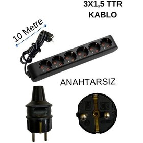 Resim Avarson 6'lı Altılı Priz Topraklı Kablolu Siyah 3x1,5 Ttr 10 On Metre 