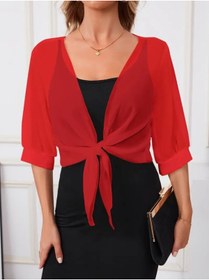 Resim Efnaz style Kadın Truvakar Kollu önden Bağlamalı Kısa şifon Bolero Ceket 