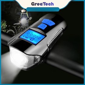 Resim GreaTech Şarjlı Bisiklet LCD Hız Göstergesi Su Geçirmez LED Işık Km Ekran Kronometre Bisiklet Kornası Feneri 